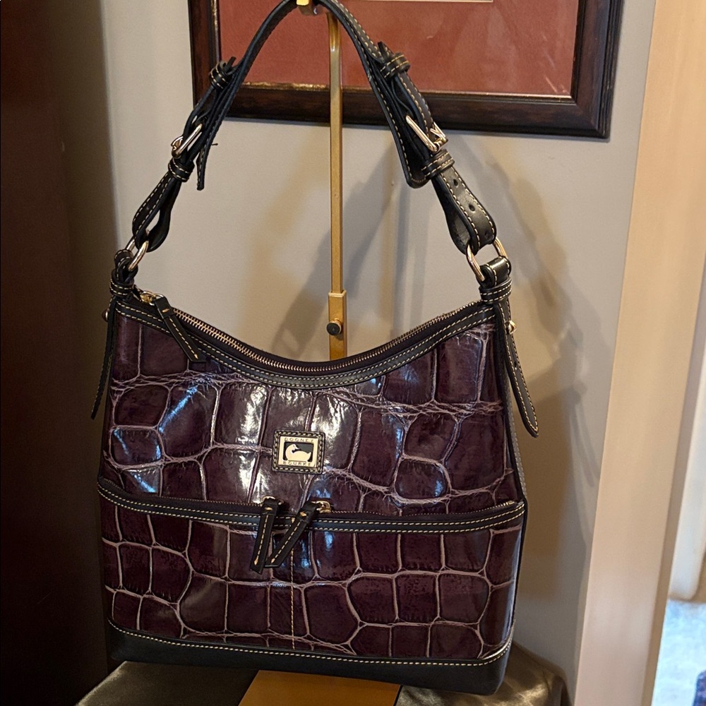 Dooney & Bourke Eggplant brown Croc-Embossed Shoulder Bag with Dk BrownTrim